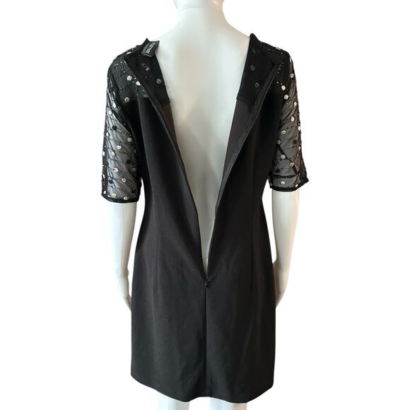 Nina Leonard Sz S Dress Black Crepe Midi Beaded Sheer Short Sleeve Round Neck - Picture 6 of 14